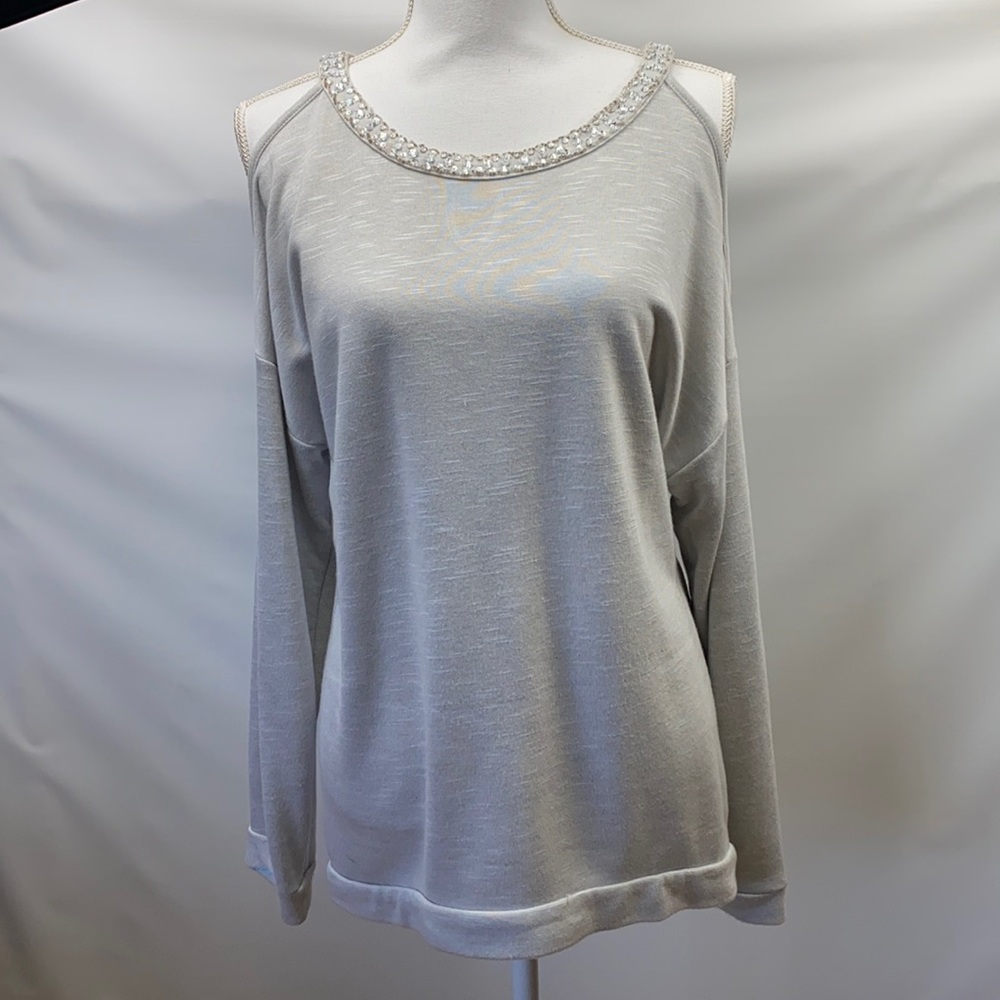 INC SWEATSHIRT-light grey open shoulder with beaded collar